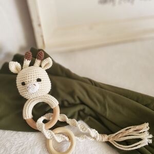 Handmade Crochet Giraffe Rattle Toy - Cream and Brown
